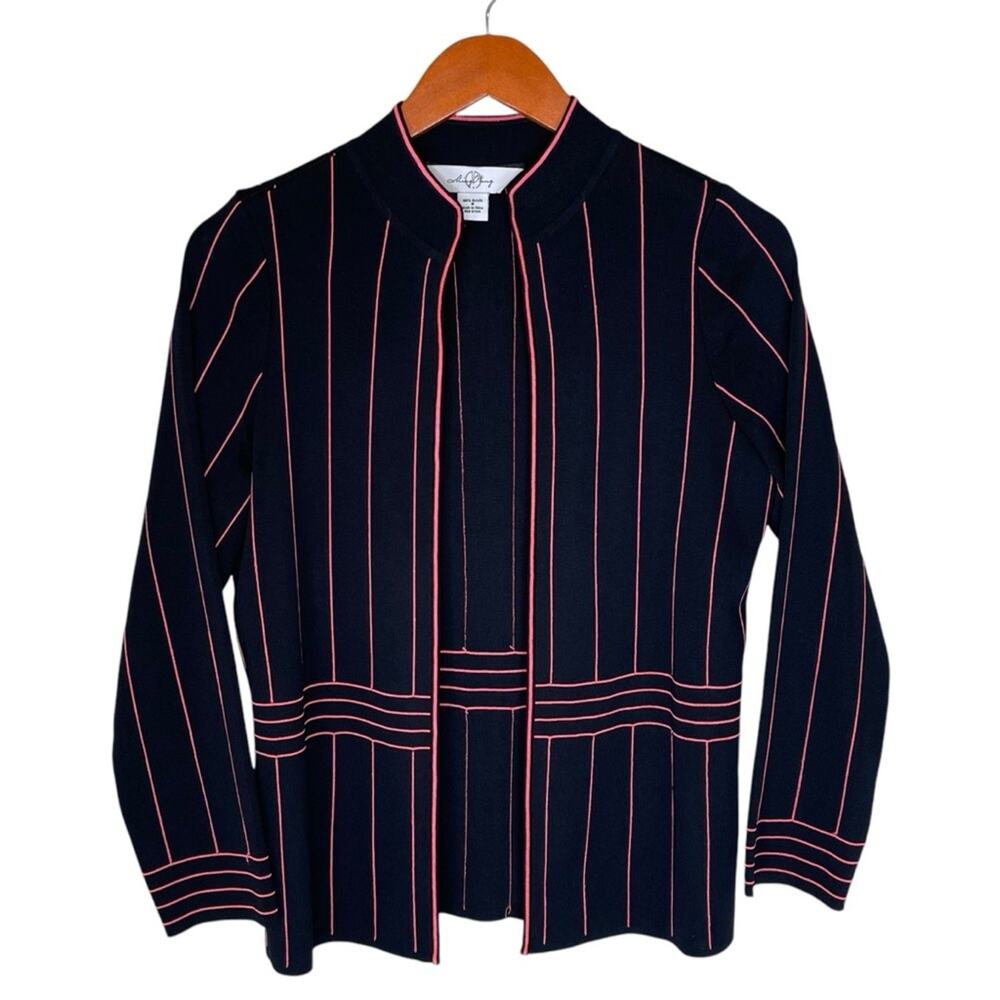 Ming Wang Black and Pink Stripe Knit Open Front Cardigan S